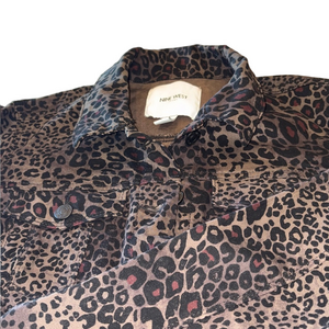 Nine West Sarah Denim Jean Jacket Women Size L Brown Cheetah Big Cat Pockets